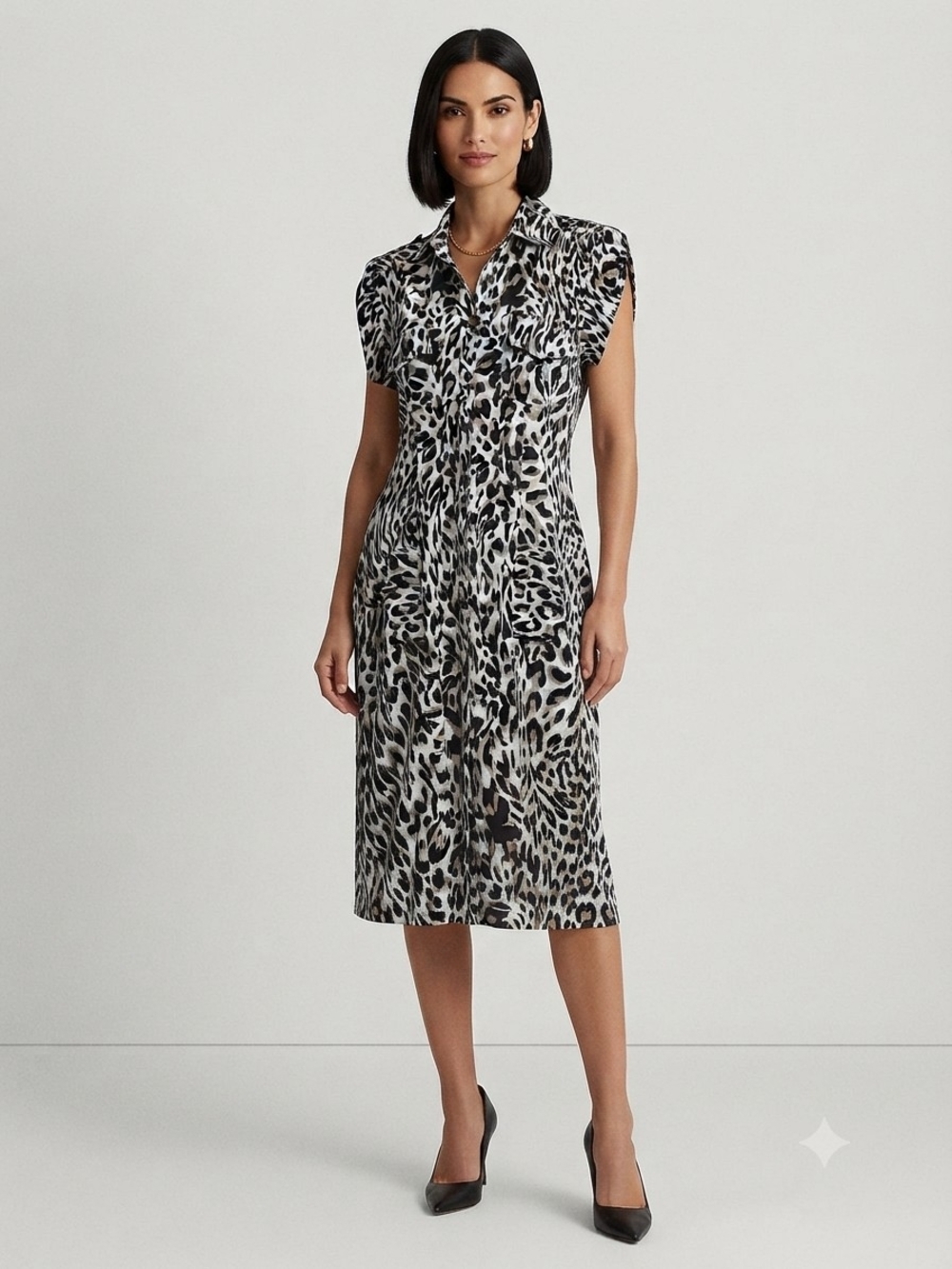 Joseph Ribkoff Black & White Leopard Midi Shirt Dress Size 10